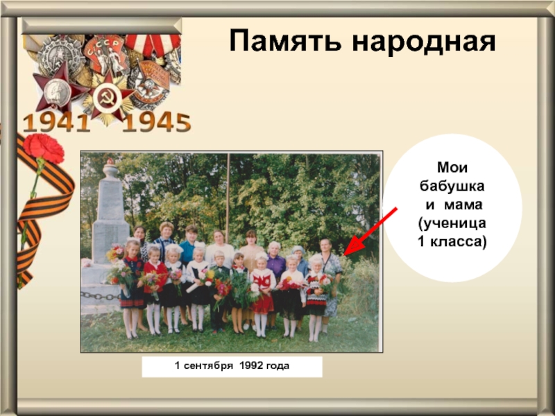 Презентация проекта Обелиск Памяти Мои бабушка и мама(ученица 1 класса)1 сентября 1992 года Память народная Мои бабушка и мама(ученица 1 класса)1 сентября 1992 года Память народная