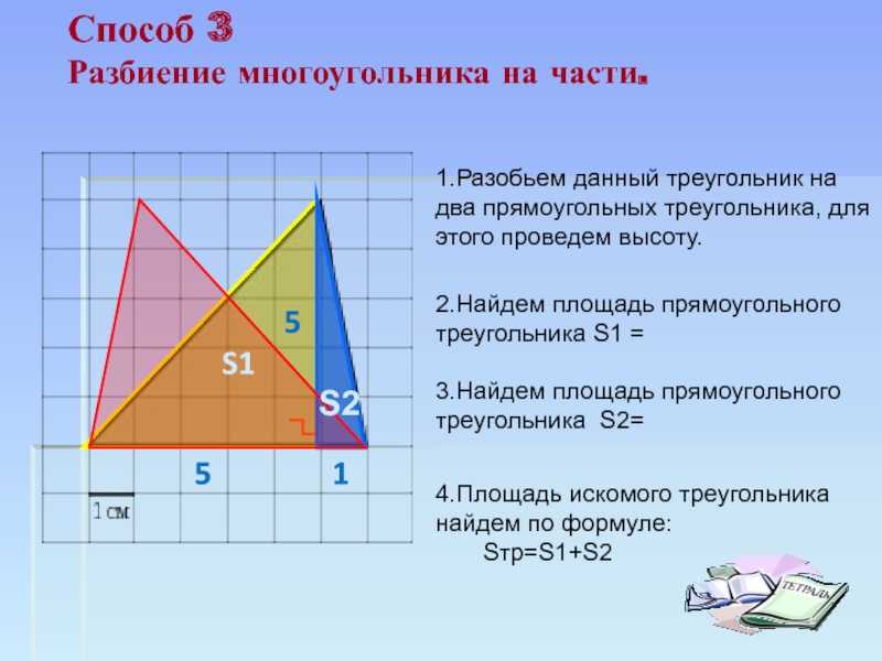 Презентация по геометрии на тему: Вычисление площади различных фигур. (Подготовка к ГИА 9 классов) 1.Разобьем данный треугольник на два прямоугольных треугольника, для этого проведем высоту.2.Найдем 1.Разобьем данный треугольник на два прямоугольных треугольника, для этого проведем высоту.2.Найдем площадь прямоугольного треугольника S1 = 3.Найдем