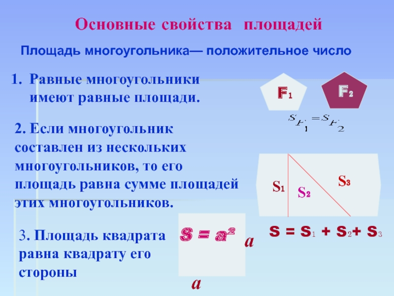 Презентация по геометрии на тему: Вычисление площади различных фигур. (Подготовка к ГИА 9 классов) Основные свойства площадейПлощадь многоугольника— положительное числоРавные многоугольники имеют равные площади.2. Если Основные свойства площадейПлощадь многоугольника— положительное числоРавные многоугольники имеют равные площади.2. Если многоугольник составлен из нескольких многоугольников, то