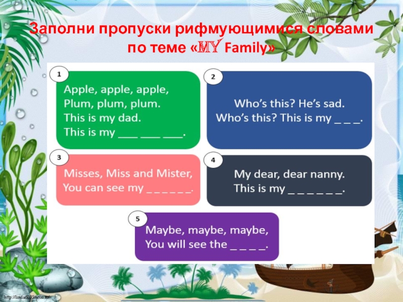 Презентация открытого урока по английскому языку в 3 классе по теме Spotlight island или страна не выученных уроков Заполни пропуски рифмующимися словами по теме «My Family» Заполни пропуски рифмующимися словами по теме «My Family»
