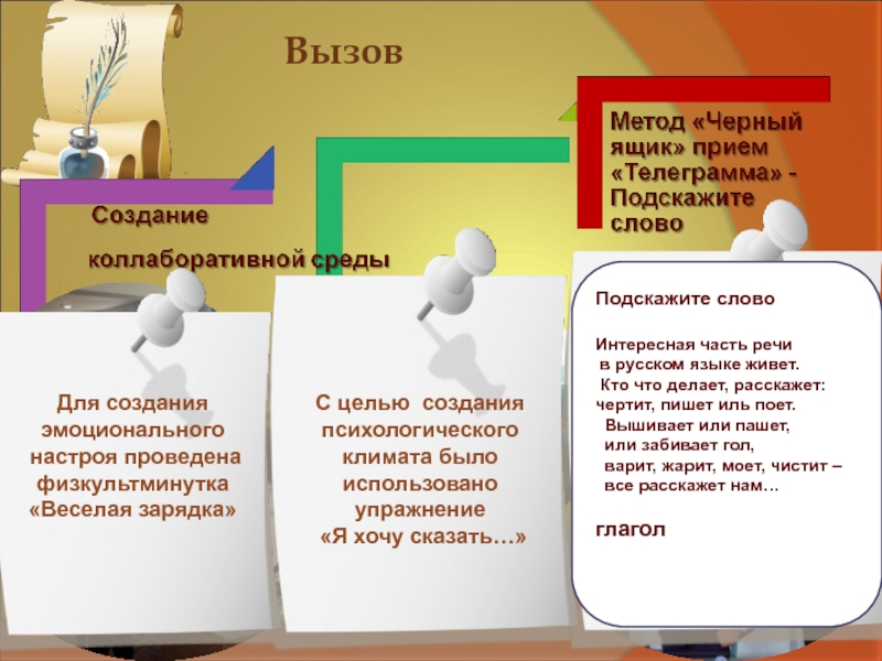 Рефлексия одного урока в 5 классе учителя русского языка Ибраимовой Лилии Бекировны Вызов Для создания эмоционального настроя проведенафизкультминутка«Веселая зарядка»С целью создания психологического климата Вызов Для создания эмоционального настроя проведенафизкультминутка«Веселая зарядка»С целью создания психологического климата было использовано упражнение «Я хочу сказать…»