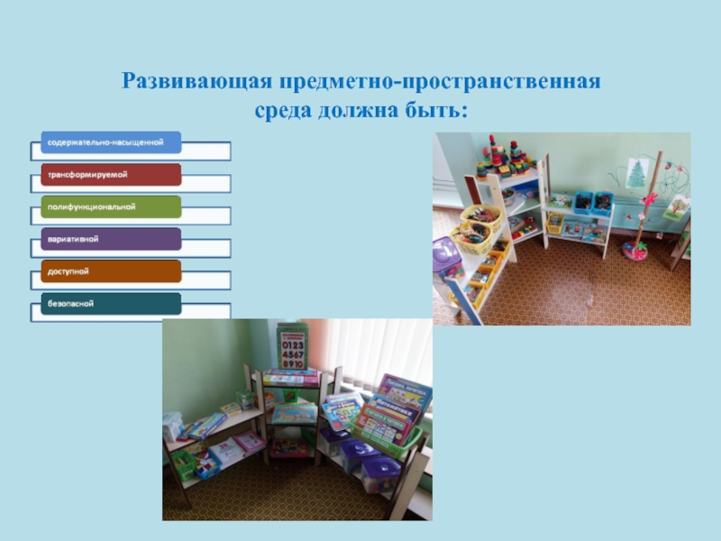 Презентация Организация развивающей предметно-пространственной среды (средняя группа) Развивающая предметно-пространственная среда должна быть: Развивающая предметно-пространственная среда должна быть: