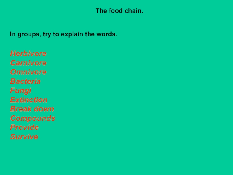 Презентация для 7 класса по английскому языку Цепи питания The food chain.In groups, try to explain the words.Herbivore Carnivore The food chain.In groups, try to explain the words.Herbivore Carnivore OmnivoreBacteria