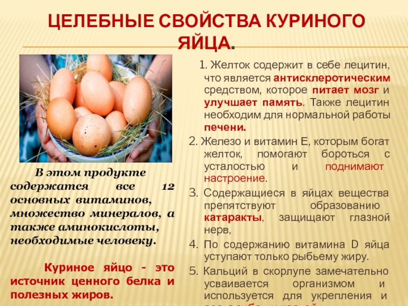 Исследовательская работа и презентация Определение свежести куриных яиц Целебные свойства куриного яйца. 1. Желток содержит в себе лецитин, что Целебные свойства куриного яйца. 1. Желток содержит в себе лецитин, что является антисклеротическим средством, которое питает