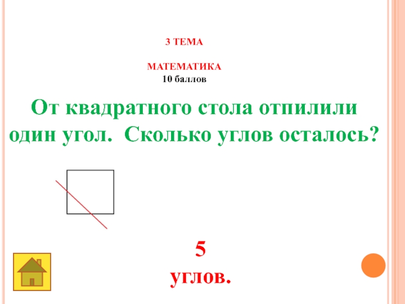 Земля -наш общий дом 3 ТЕМА МАТЕМАТИКА10 баллов От квадратного стола отпилилиодин угол. Сколько углов осталось? 5 углов. 3 ТЕМА МАТЕМАТИКА10 баллов От квадратного стола отпилилиодин угол. Сколько углов осталось? 5 углов.