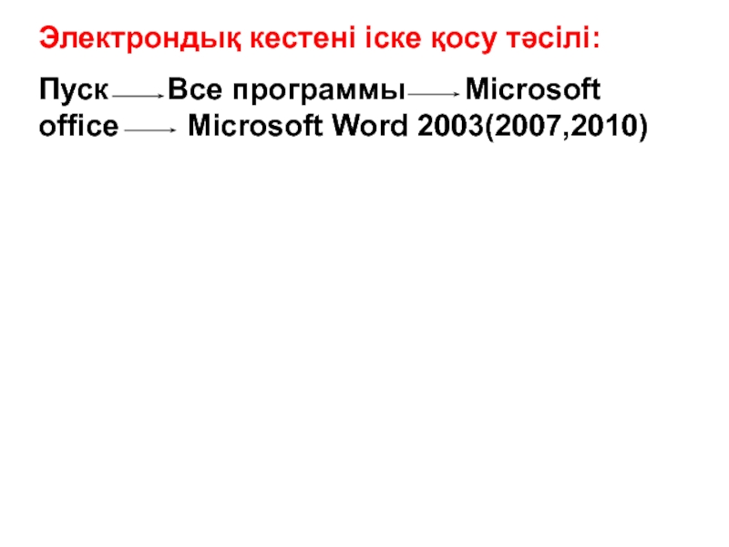 Электронды кестелердің элементтерін пішімдеу Электрондық кестені іске қосу тәсілі:Пуск Все программы Microsoft office Microsoft Word 2003(2007,2010) Электрондық кестені іске қосу тәсілі:Пуск Все программы Microsoft office