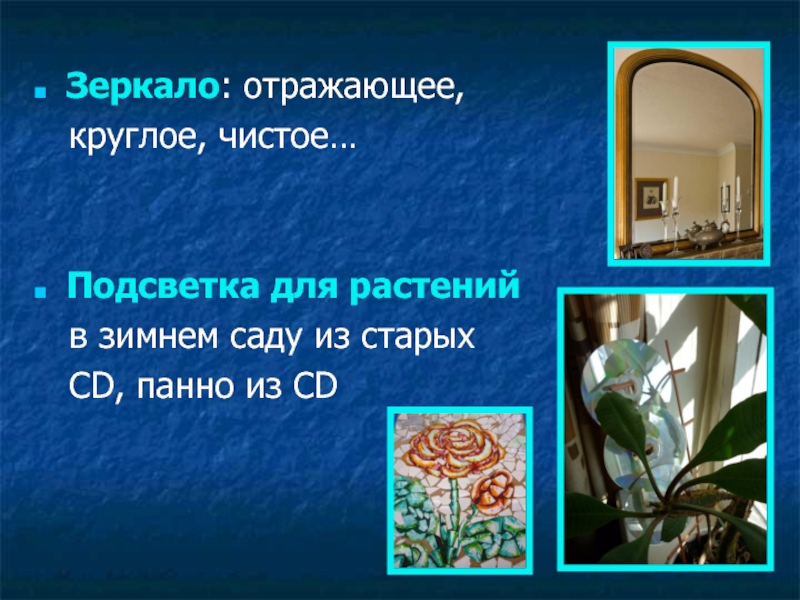 Презентация к проекту Школьная НКО Ресурс: научно - техническое творчество обучающихся, основанное на ресурсосберегающих технологиях Зеркало: отражающее, круглое, чистое… Подсветка для растений в зимнем саду из старых CD, панно из CD Зеркало: отражающее, круглое, чистое… Подсветка для растений в зимнем саду из старых CD, панно