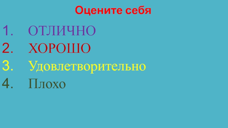 Презентация по русскому языку на тему:Дефисное и слитное написание сложных прилагательных (6 класс) Оцените себя ОТЛИЧНОХОРОШОУдовлетворительноПлохо Оцените себя ОТЛИЧНОХОРОШОУдовлетворительноПлохо