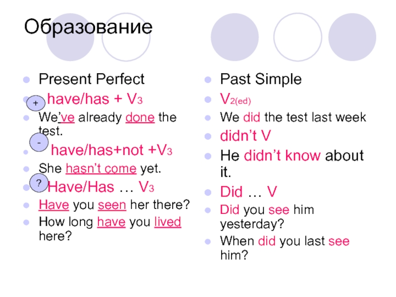 Презентация по английскому языку Сравнение Present Perfect и Past Simple ОбразованиеPresent Perfect have/has + V3We’ve already done the test. have/has+not +V3She ОбразованиеPresent Perfect have/has + V3We’ve already done the test. have/has+not +V3She hasn’t come yet. Have/Has …