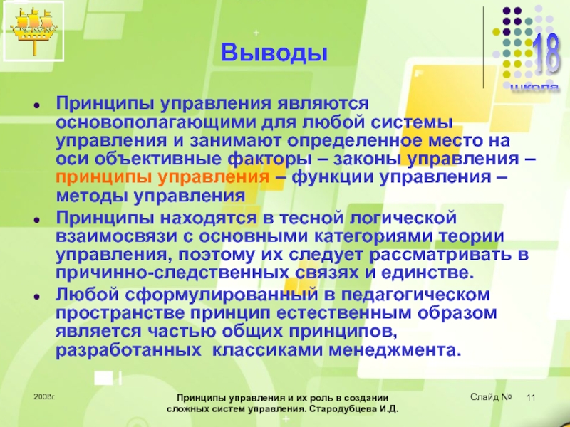 Принципы управления и их роль в создании сложных систем управления 2008г.Принципы управления и их роль в создании сложных систем управления. Стародубцева 2008г.Принципы управления и их роль в создании сложных систем управления. Стародубцева И.Д. ВыводыПринципы управления являются основополагающими для