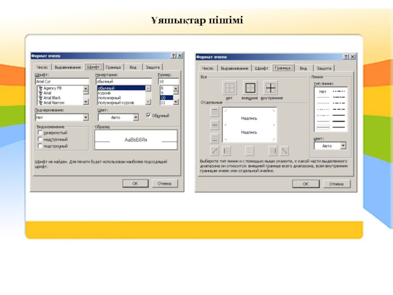 Информатика пәнінен ҰЯШЫҚТАРДЫ ПІШІМДЕУ тақырыбына жасалған презентация. (8-сынып) Ұяшықтар пішімі Ұяшықтар пішімі