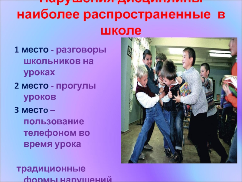 Как сделать так, чтобы на уроке всегда была дисциплина? Нарушения дисциплины наиболее распространенные в школе 1 место - разговоры школьников Нарушения дисциплины наиболее распространенные в школе 1 место - разговоры школьников на уроках2 место - прогулы уроков3