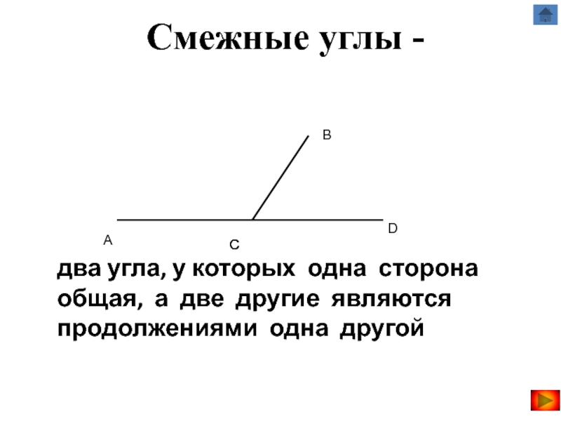 Презентация по геометрии на тему Признаки равенства треугольников Смежные углы - два угла, у которых одна сторона общая, а Смежные углы - два угла, у которых одна сторона общая, а две другие являются продолжениями одна другойACCCDB