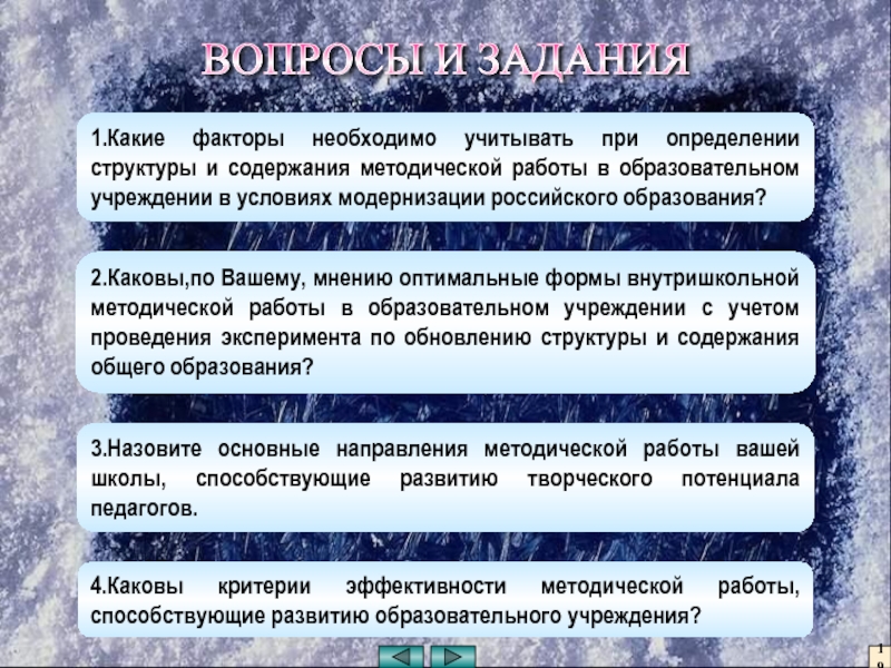 Методическая работа в школе ВОПРОСЫ И ЗАДАНИЯ 193.Назовите основные направления методической работы вашей школы, способствующие ВОПРОСЫ И ЗАДАНИЯ 193.Назовите основные направления методической работы вашей школы, способствующие развитию творческого потенциала педагогов.4.Каковы критерии эффективности