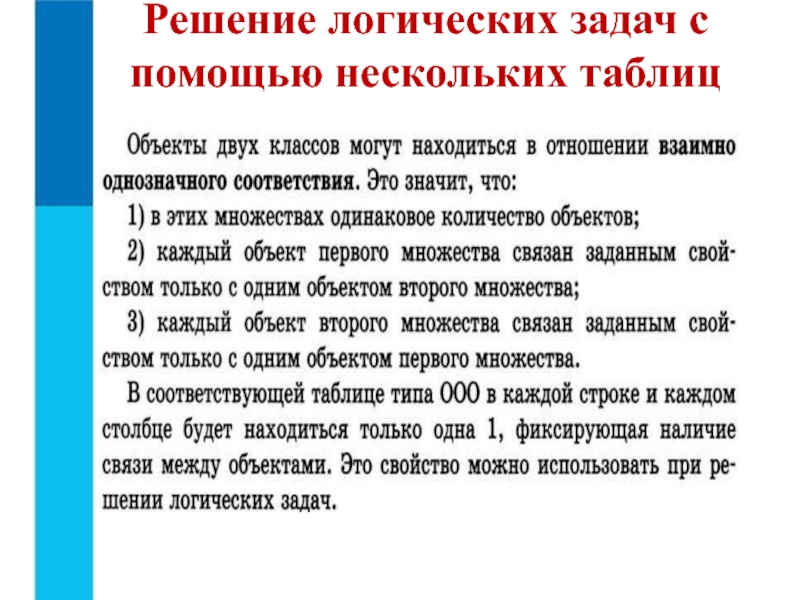 Презентация к 8 уроку, глава 2 Решение логических задач с помощью нескольких таблиц Решение логических задач с помощью нескольких таблиц