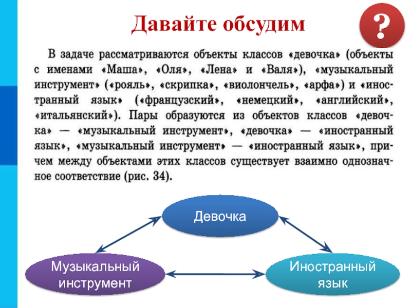 Презентация к 8 уроку, глава 2 ДевочкаМузыкальный инструментИностранный языкДавайте обсудим? ДевочкаМузыкальный инструментИностранный языкДавайте обсудим?