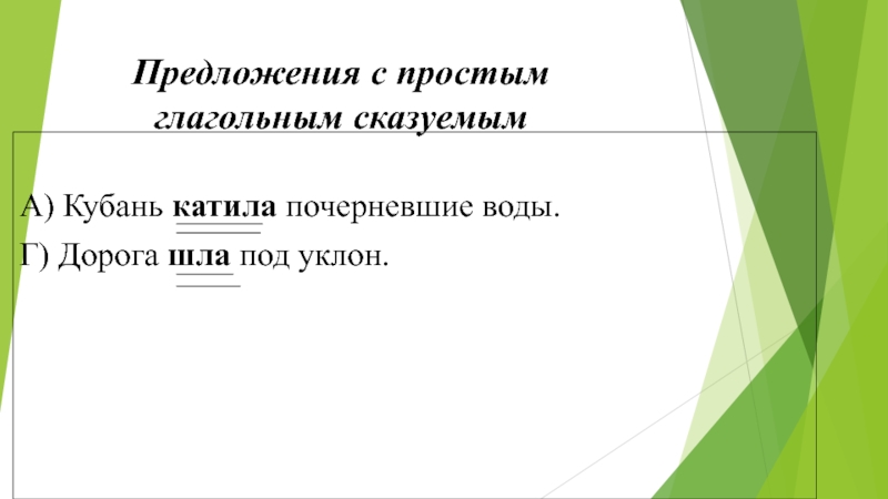 Презентация Составное именное сказуемое Предложения с простым глагольным сказуемымА) Кубань катила почерневшие воды.Г) Дорога шла под уклон. Предложения с простым глагольным сказуемымА) Кубань катила почерневшие воды.Г) Дорога шла под уклон.