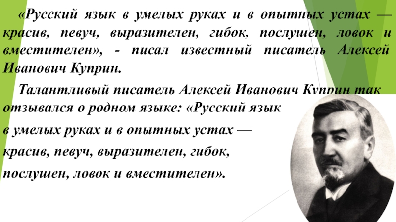 Презентация на тему ИИ«Русский язык в умелых руках и в опытных ИИ«Русский язык в умелых руках и в опытных устах — красив, певуч, выразителен, гибок, послушен, ловок и