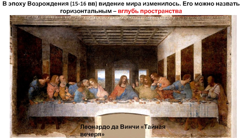 Презентация по ИЗО Изображение объема на плоскости, линейная перспектива. В эпоху Возрождения (15-16 вв) видение мира изменилось. Его можно назвать В эпоху Возрождения (15-16 вв) видение мира изменилось. Его можно назвать горизонтальным – вглубь пространстваЛеонардо да Винчи