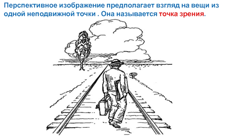 Презентация по ИЗО Изображение объема на плоскости, линейная перспектива. Перспективное изображение предполагает взгляд на вещи из одной неподвижной точки . Перспективное изображение предполагает взгляд на вещи из одной неподвижной точки . Она называется точка зрения.