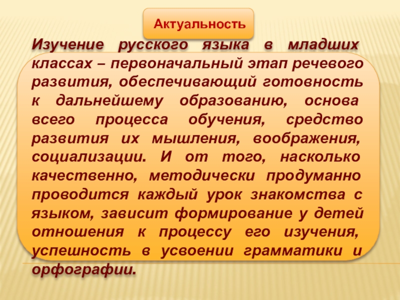 Опорные схемы в изучении русского языка Актуальность Изучение русского языка в младших классах – первоначальный Актуальность Изучение русского языка в младших классах – первоначальный этап речевого развития, обеспечивающий готовность к