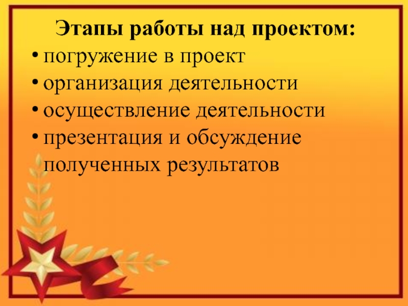 Презентация к проекту Я помню! Я горжусь! Этапы работы над проектом: погружение в проекторганизация деятельностиосуществление деятельностипрезентация и обсуждение полученных результатов Этапы работы над проектом: погружение в проекторганизация деятельностиосуществление деятельностипрезентация и обсуждение полученных результатов