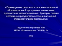 Презентация Планируемые результаты освоения основной образовательной программы: личностные, предметные, метапредметные. Критерии оценки достижения результатов освоения основной образовательной программы