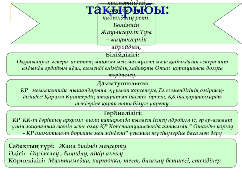 Презентация на тему Әскери ант, оның КҚ өмірі мен қызметіндегі маңызы Әскери ант, оның КҚ өмірі мен қызметіндегі маңызы оның қабылдану реті. Бөлімнің Жауынгерлік Туы – жауынгерлік абройдың,