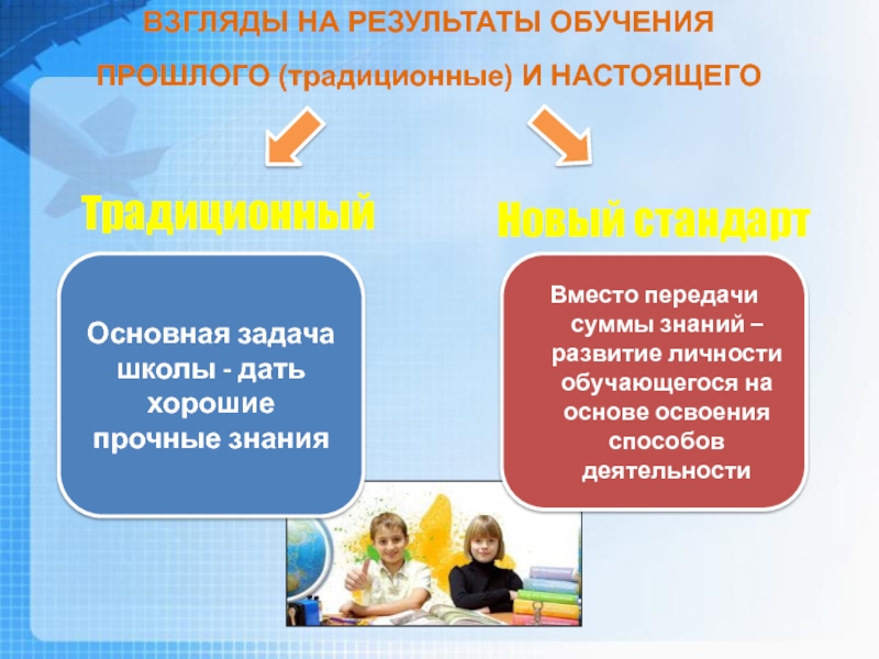 Презентация Системно - деятельностный подход в обучении как основное условие перехода к ФГОС. ВЗГЛЯДЫ НА РЕЗУЛЬТАТЫ ОБУЧЕНИЯ ПРОШЛОГО (традиционные) И НАСТОЯЩЕГОТрадиционныйНовый стандартОсновная задача школы ВЗГЛЯДЫ НА РЕЗУЛЬТАТЫ ОБУЧЕНИЯ ПРОШЛОГО (традиционные) И НАСТОЯЩЕГОТрадиционныйНовый стандартОсновная задача школы - дать хорошие прочные знанияВместо передачи