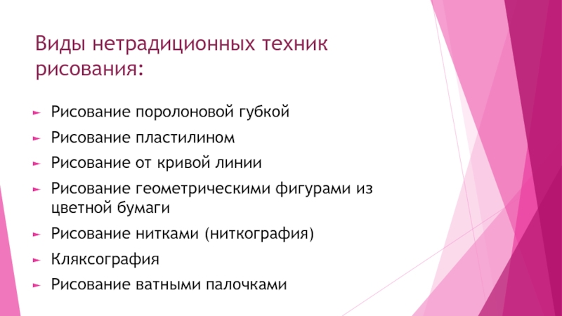 Презентация к исследовательскому проекту на тему:Нетрадиционные техники рисования Виды нетрадиционных техник рисования:Рисование поролоновой губкойРисование пластилиномРисование от кривой линииРисование геометрическими Виды нетрадиционных техник рисования:Рисование поролоновой губкойРисование пластилиномРисование от кривой линииРисование геометрическими фигурами из цветной бумагиРисование нитками (ниткография)КляксографияРисование