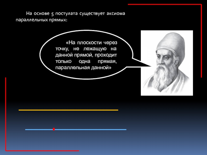 Презентация к исследовательской работе Две геометрии- один мир 9 класс На основе 5 постулата существует аксиома параллельных прямых:«На плоскости через точку, На основе 5 постулата существует аксиома параллельных прямых:«На плоскости через точку, не лежащую на данной прямой, проходит