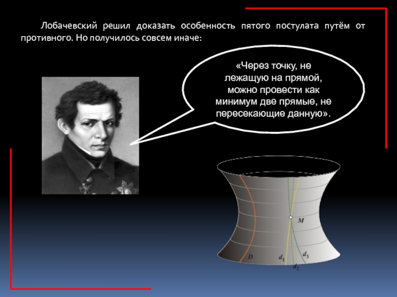 Презентация к исследовательской работе Две геометрии- один мир 9 класс Лобачевский решил доказать особенность пятого постулата путём от противного. Но получилось Лобачевский решил доказать особенность пятого постулата путём от противного. Но получилось совсем иначе:«Через точку, не лежащую на