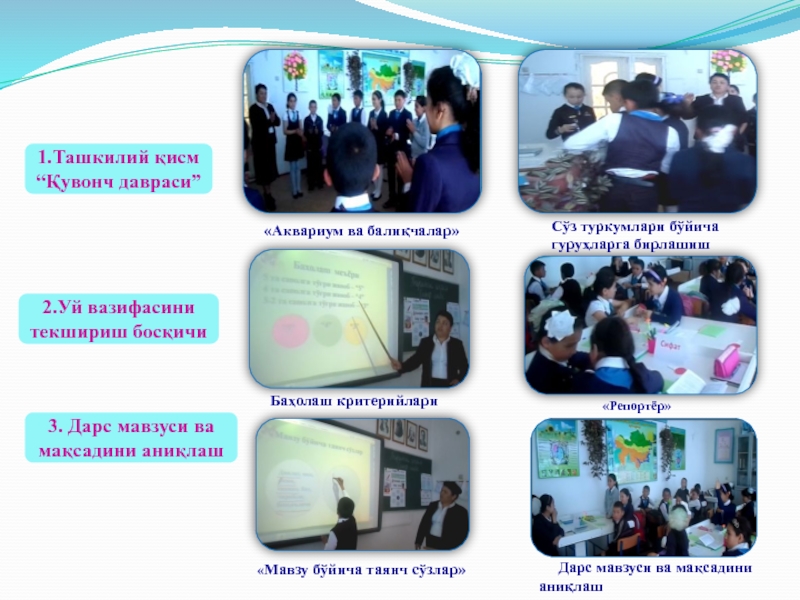 Презентация по узбекскому языку на тему Детальная рефлексия по уроку «Аквариум ва балиқчалар» «Репортёр» Баҳолаш критерийлариСўз туркумлари «Аквариум ва балиқчалар» «Репортёр» Баҳолаш критерийлариСўз туркумлари бўйича гуруҳларга