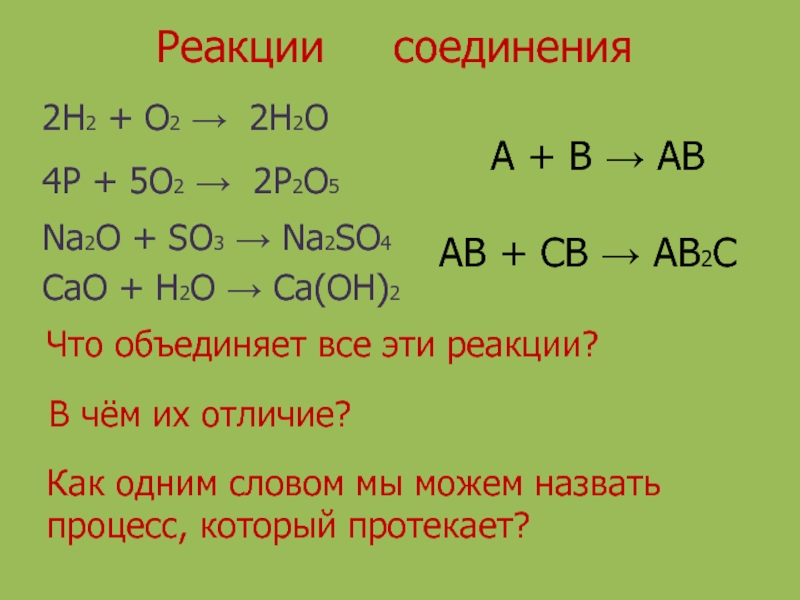 Презентация по химии на тему Химические реакции 2H2 + O2 → 2H2O 4P + 5O2 → 2P2O5 Na2O 2H2 + O2 → 2H2O 4P + 5O2 → 2P2O5 Na2O + SO3 → Na2SO4 CaO +