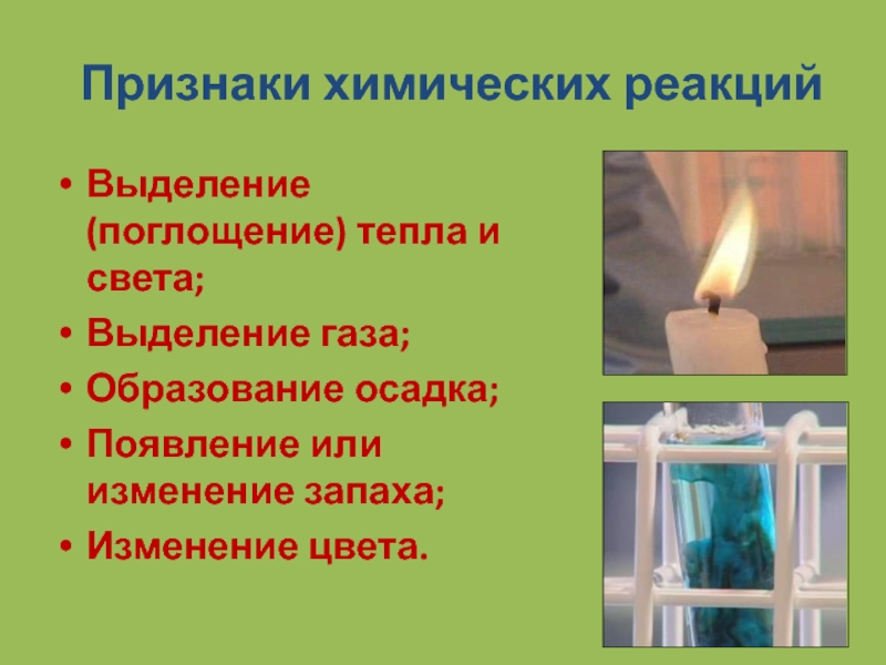 Презентация по химии на тему Химические реакции Признаки химических реакцийВыделение (поглощение) тепла и света;Выделение газа;Образование осадка;Появление или изменение запаха;Изменение цвета. Признаки химических реакцийВыделение (поглощение) тепла и света;Выделение газа;Образование осадка;Появление или изменение запаха;Изменение цвета.