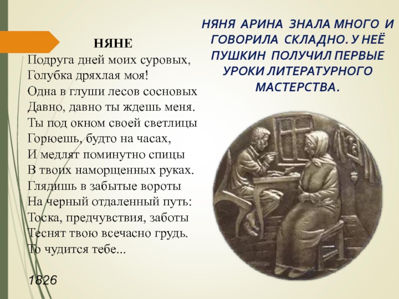 Презентация к уроку Жизнь и творчество А.С. Пушкина НЯНЯ АРИНА ЗНАЛА МНОГО И ГОВОРИЛА СКЛАДНО. У НЕЁ ПУШКИН ПОЛУЧИЛ НЯНЯ АРИНА ЗНАЛА МНОГО И ГОВОРИЛА СКЛАДНО. У НЕЁ ПУШКИН ПОЛУЧИЛ ПЕРВЫЕ УРОКИ ЛИТЕРАТУРНОГО МАСТЕРСТВА.НЯНЕПодруга дней моих