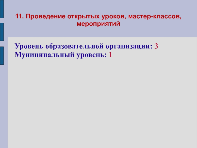Портфолио учителя начальных классов 11. Проведение открытых уроков, мастер-классов, мероприятийУровень образовательной организации: 3Муниципальный уровень: 1 11. Проведение открытых уроков, мастер-классов, мероприятийУровень образовательной организации: 3Муниципальный уровень: 1