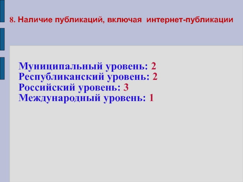 Портфолио учителя начальных классов 8. Наличие публикаций, включая интернет-публикацииМуниципальный уровень: 2Республиканский уровень: 2Российский уровень: 3 Международный уровень: 1 8. Наличие публикаций, включая интернет-публикацииМуниципальный уровень: 2Республиканский уровень: 2Российский уровень: 3 Международный уровень: 1