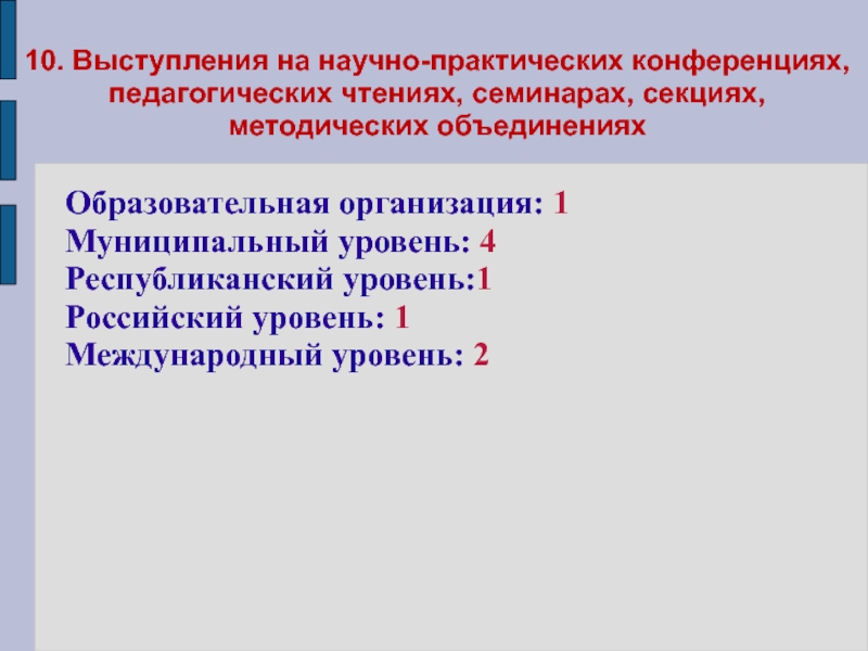 Портфолио учителя начальных классов 10. Выступления на научно-практических конференциях, педагогических чтениях, семинарах, секциях, методических объединениях 10. Выступления на научно-практических конференциях, педагогических чтениях, семинарах, секциях, методических объединениях Образовательная организация: 1Муниципальный уровень: 4Республиканский уровень:1Российский