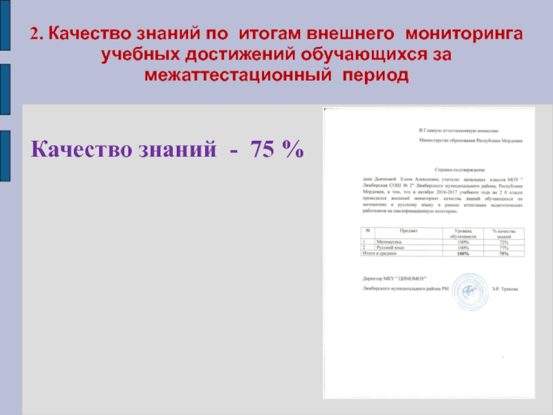 Портфолио учителя начальных классов 2. Качество знаний по итогам внешнего мониторинга учебных достижений обучающихся за 2. Качество знаний по итогам внешнего мониторинга учебных достижений обучающихся за межаттестационный периодКачество знаний - 75 %