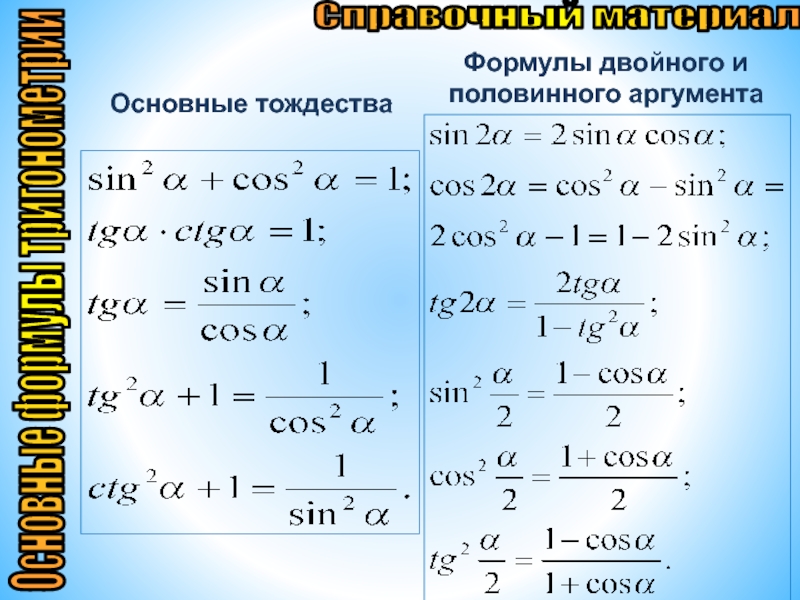Презентация Решение тригонометрических уравнений Основные тождества Формулы двойного и половинного аргументаОсновные формулы тригонометрииСправочный материал Основные тождества Формулы двойного и половинного аргументаОсновные формулы тригонометрииСправочный материал
