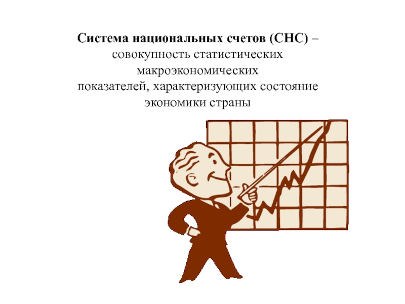 Презентация по экономике Макроэкономические показатели и их расчет Система национальных счетов (СНС) – совокупность статистических макроэкономическихпоказателей, характеризующих состояние экономики страны Система национальных счетов (СНС) – совокупность статистических макроэкономическихпоказателей, характеризующих состояние экономики страны