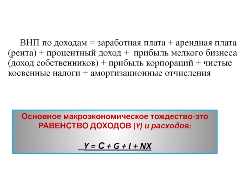 Презентация по экономике Макроэкономические показатели и их расчет ВНП по доходам = заработная плата + арендная плата ВНП по доходам = заработная плата + арендная плата (рента) + процентный