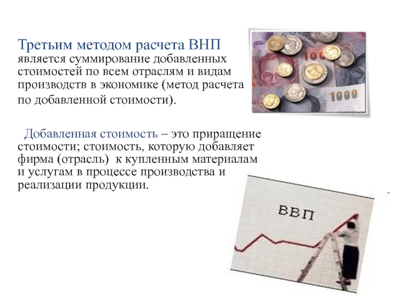 Презентация по экономике Макроэкономические показатели и их расчет Третьим методом расчета ВНП является суммирование добавленных стоимостей по всем отраслям Третьим методом расчета ВНП является суммирование добавленных стоимостей по всем отраслям и видам производств в экономике (метод