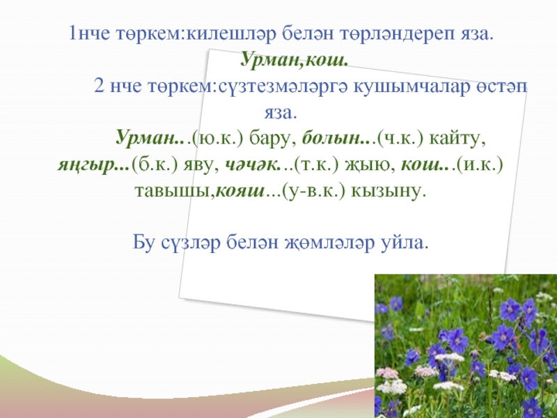 Килешләр 1нче төркем:килешләр белән төрләндереп яза. Урман,кош. 2 нче 1нче төркем:килешләр белән төрләндереп яза. Урман,кош. 2 нче төркем:сүзтезмәләргә кушымчалар