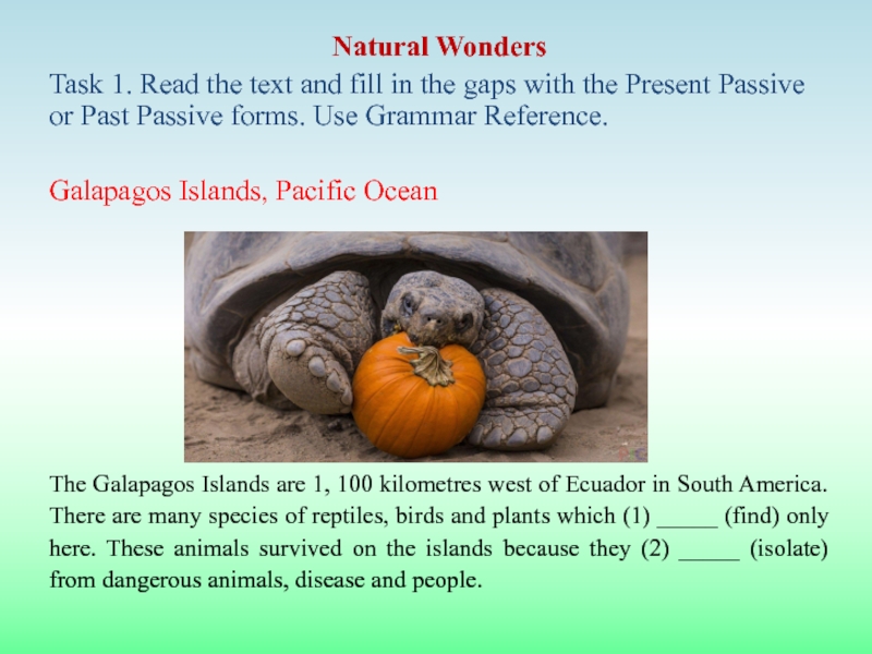 Презентация на тему Natural WondersTask 1. Read the text and fill Natural WondersTask 1. Read the text and fill in the gaps with the Present Passive or Past
