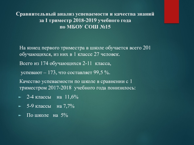 Презентация на тему Сравнительный анализ успеваемости и качества знаний за I Сравнительный анализ успеваемости и качества знаний за I триместр 2018-2019 учебного года по МБОУ СОШ