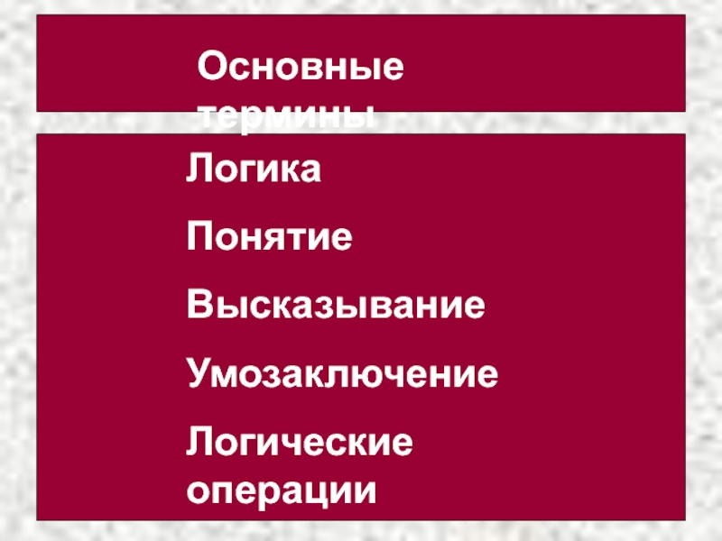 Презентация по информатике на тему Сервисы и услуги Интернента (10 класс) Основные терминыЛогика Понятие Высказывание Умозаключение Логические операции Основные терминыЛогика Понятие Высказывание Умозаключение Логические операции
