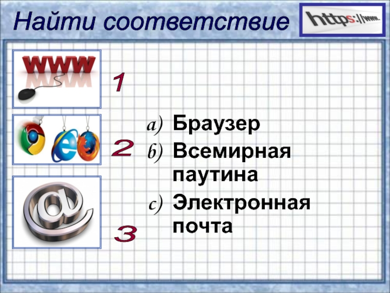 Презентация по информатике на тему Сервисы и услуги Интернента (10 класс) Найти соответствие БраузерВсемирная паутинаЭлектронная почта1 2 3 Найти соответствие БраузерВсемирная паутинаЭлектронная почта1 2 3