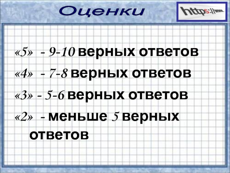 Презентация по информатике на тему Сервисы и услуги Интернента (10 класс) Оценки «5» - 9-10 верных ответов«4» - 7-8 верных ответов«3» - Оценки «5» - 9-10 верных ответов«4» - 7-8 верных ответов«3» - 5-6 верных ответов«2» - меньше 5